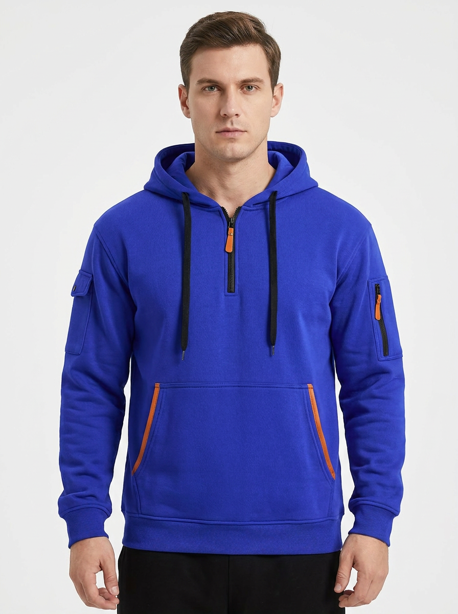 Men's Utility Hoodie Quarter-Zip Multi-Pocket Fleece Pullover