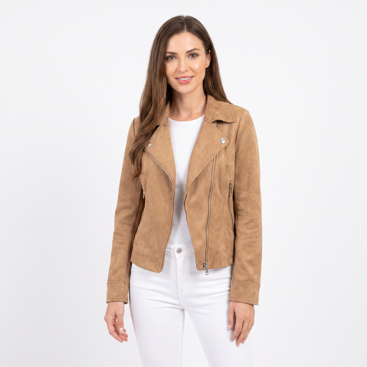 Women's Suede Moto Jacket Cropped Asymmetric Zip Biker Jacket  Display Title: Elara | Suede Moto Jacket
