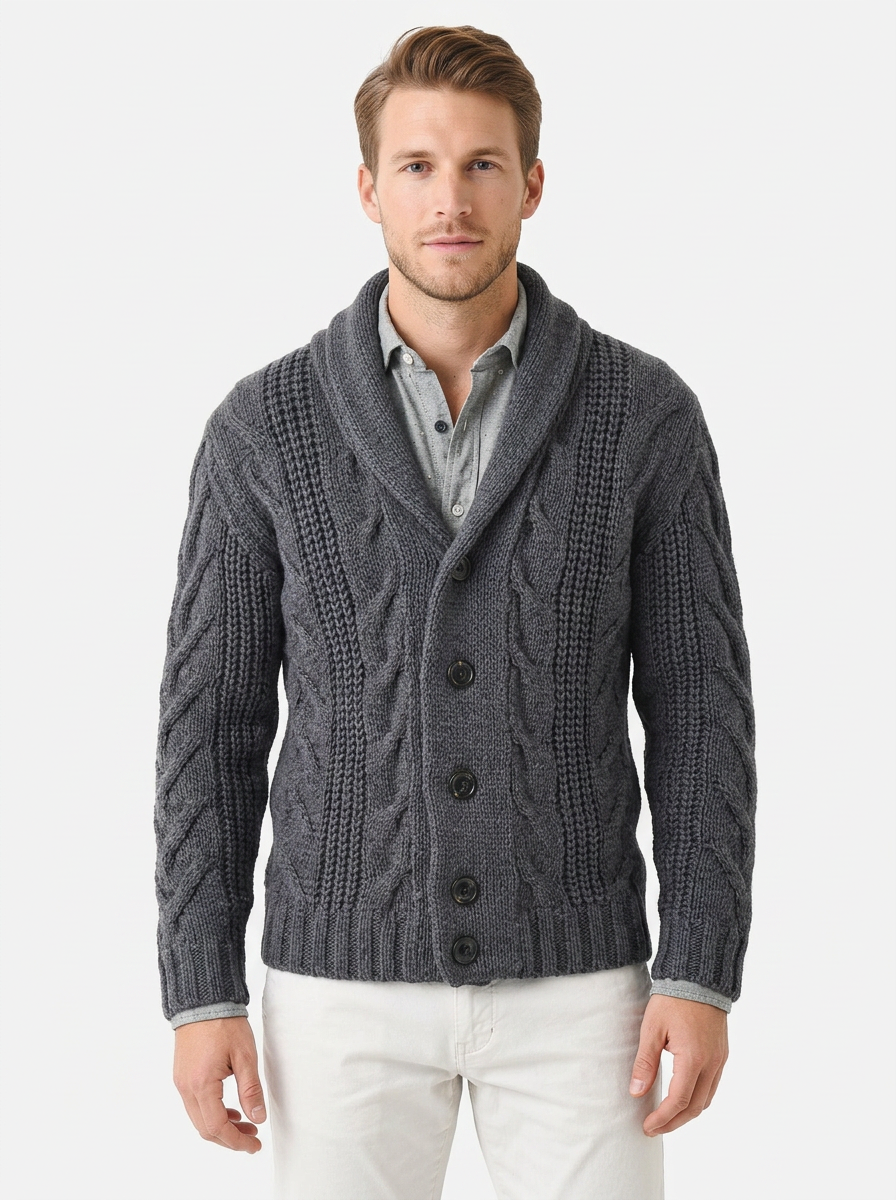 Men's Cable Knit Cardigan Shawl Collar Button-Front Sweater