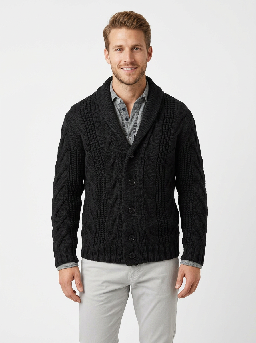 Men's Cable Knit Cardigan Shawl Collar Button-Front Sweater