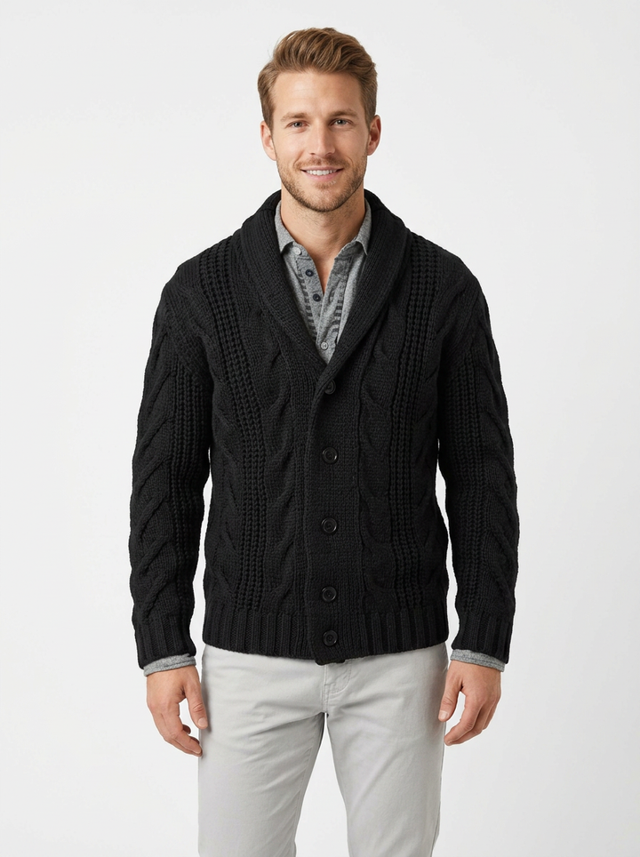 Men's Cable Knit Cardigan Shawl Collar Button-Front Sweater