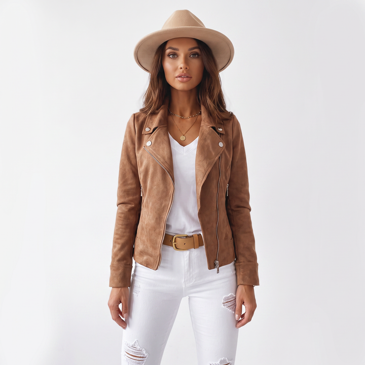 Women's Suede Moto Jacket Cropped Asymmetric Zip Biker Jacket  Display Title: Elara | Suede Moto Jacket