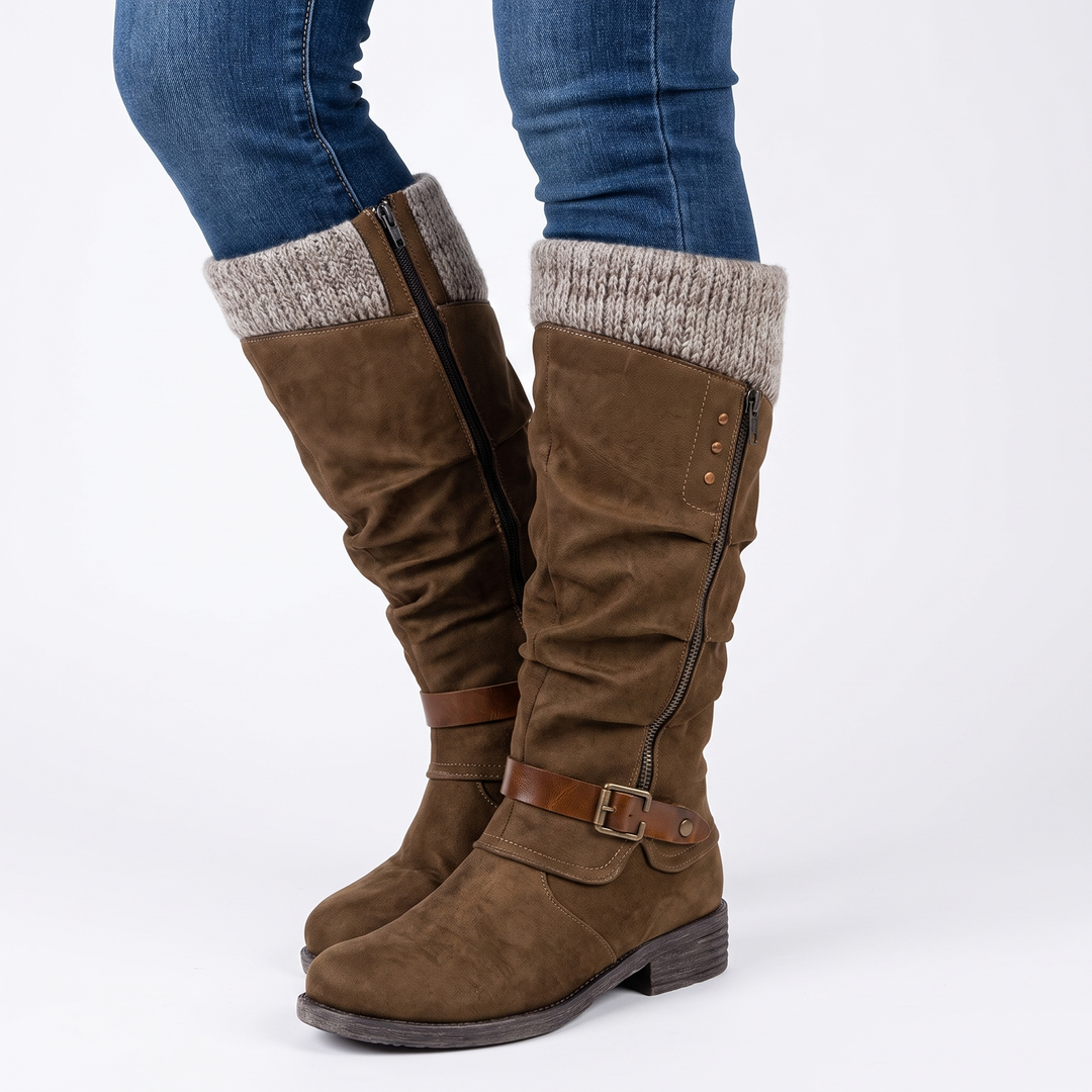 Women's Knee High Boots Knit Cuff Buckle Strap Zip Boots