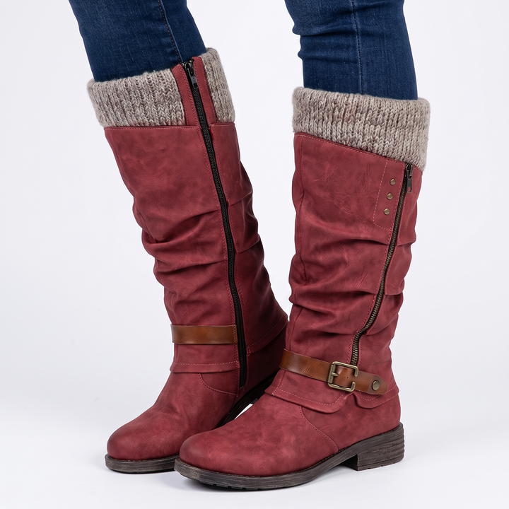 Women's Knee High Boots Knit Cuff Buckle Strap Zip Boots