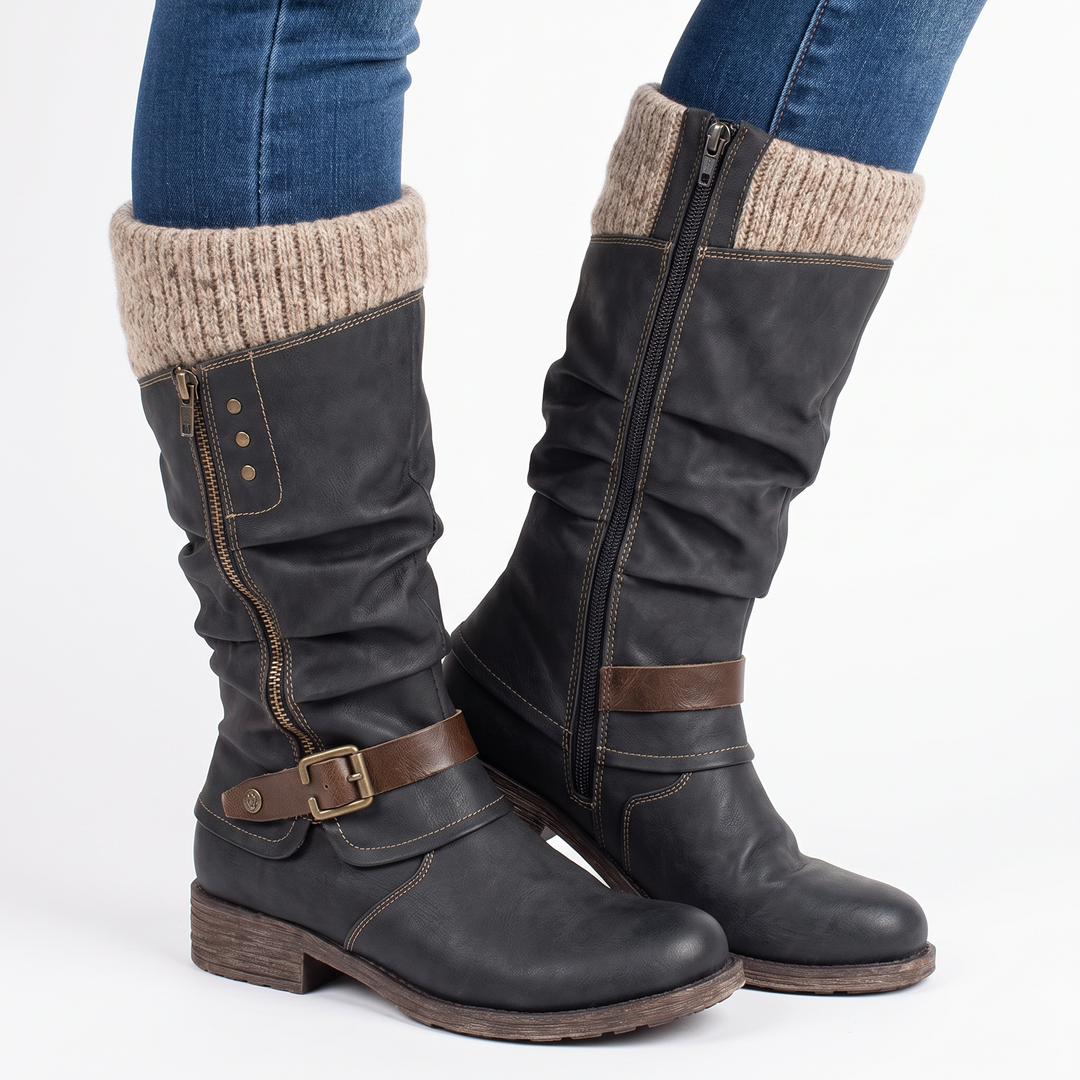 Women's Knee High Boots Knit Cuff Buckle Strap Zip Boots