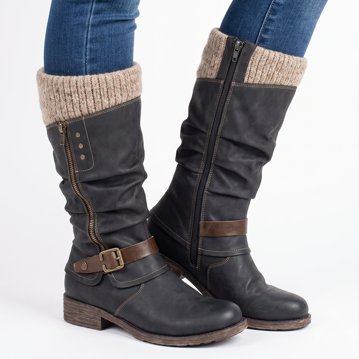 Women's Knee High Boots Knit Cuff Buckle Strap Zip Boots