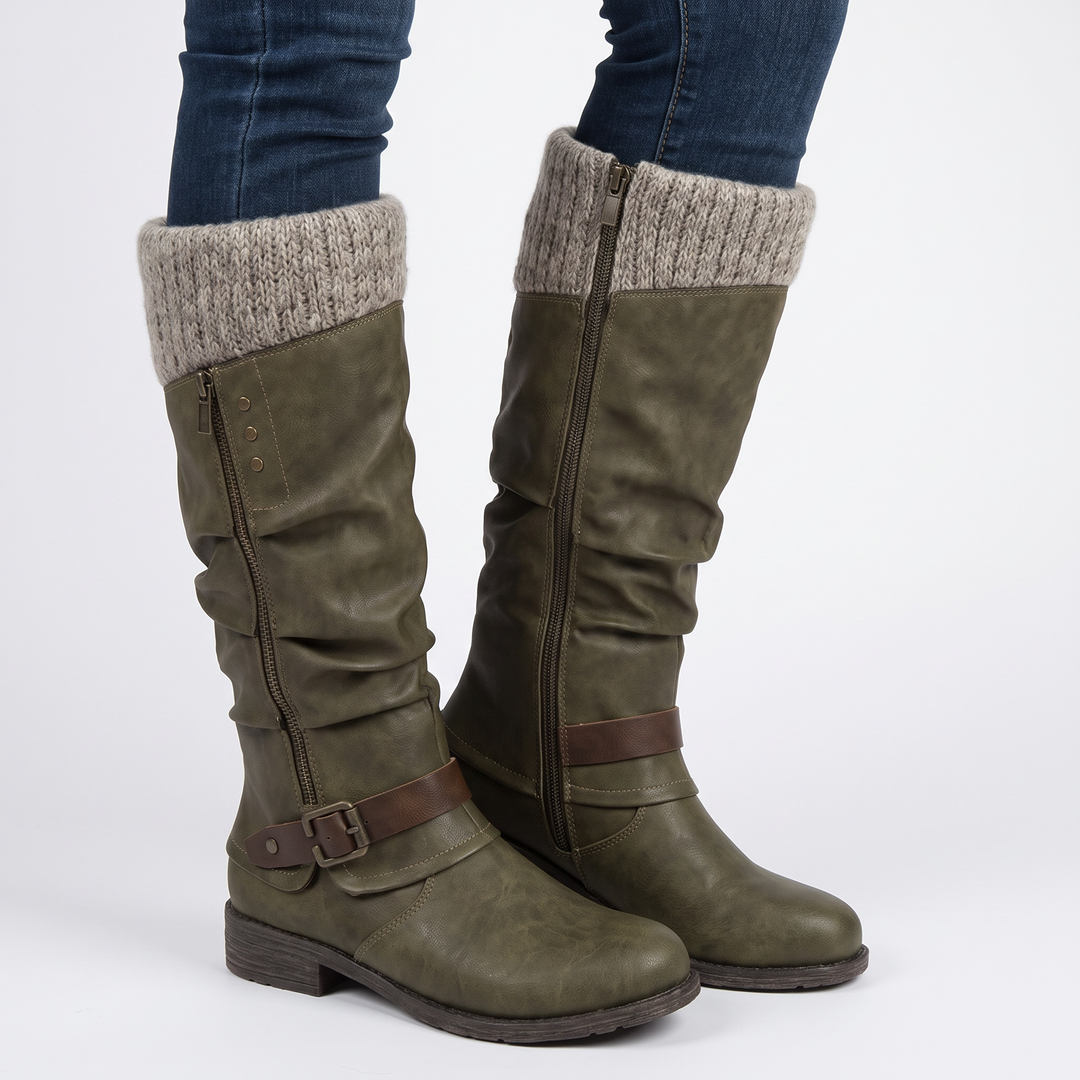 Women's Knee High Boots Knit Cuff Buckle Strap Zip Boots