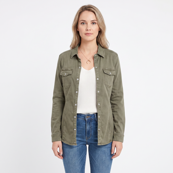 Women's Snap Button Shirt Twill Utility Long Sleeve Blouse