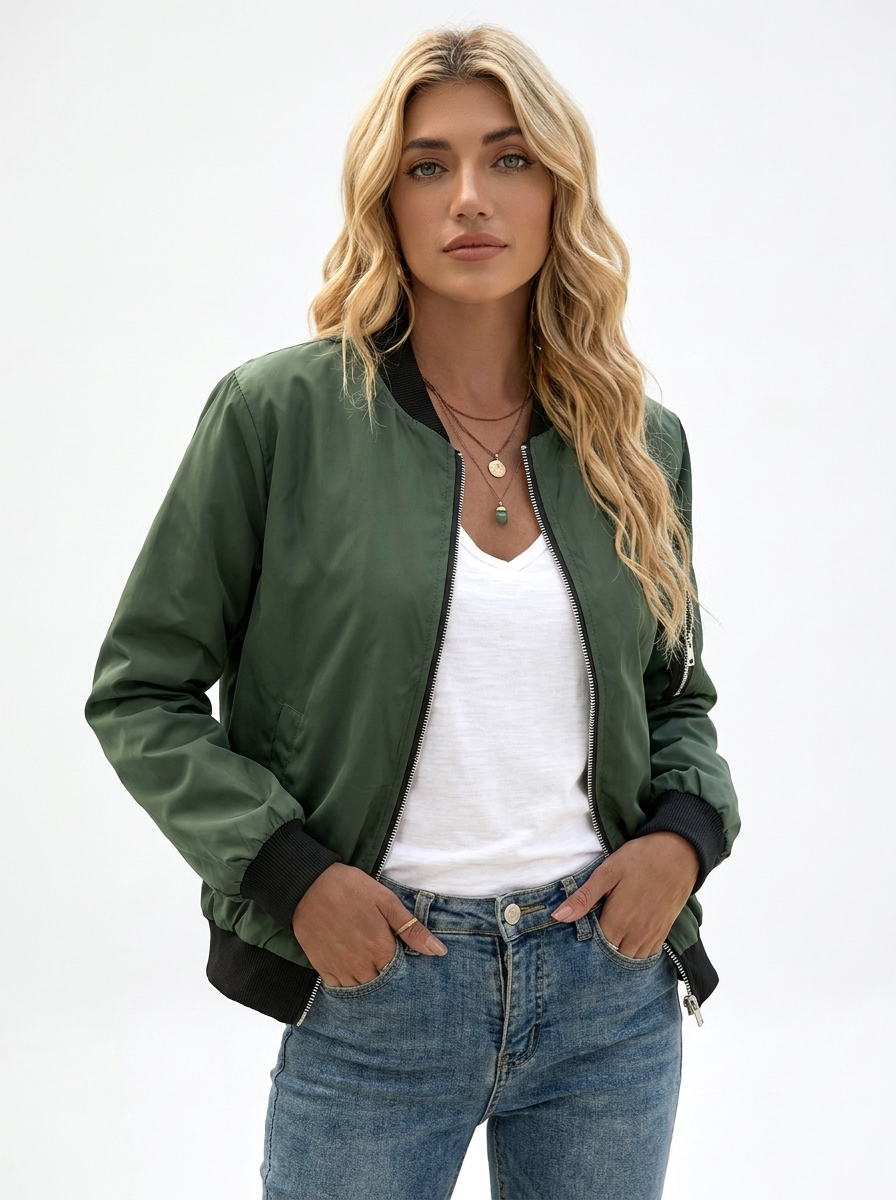 Women's Bomber Jacket Ribbed Collar Zip-Up Casual Coat
