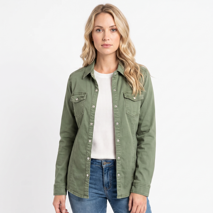 Women's Snap Button Shirt Twill Utility Long Sleeve Blouse