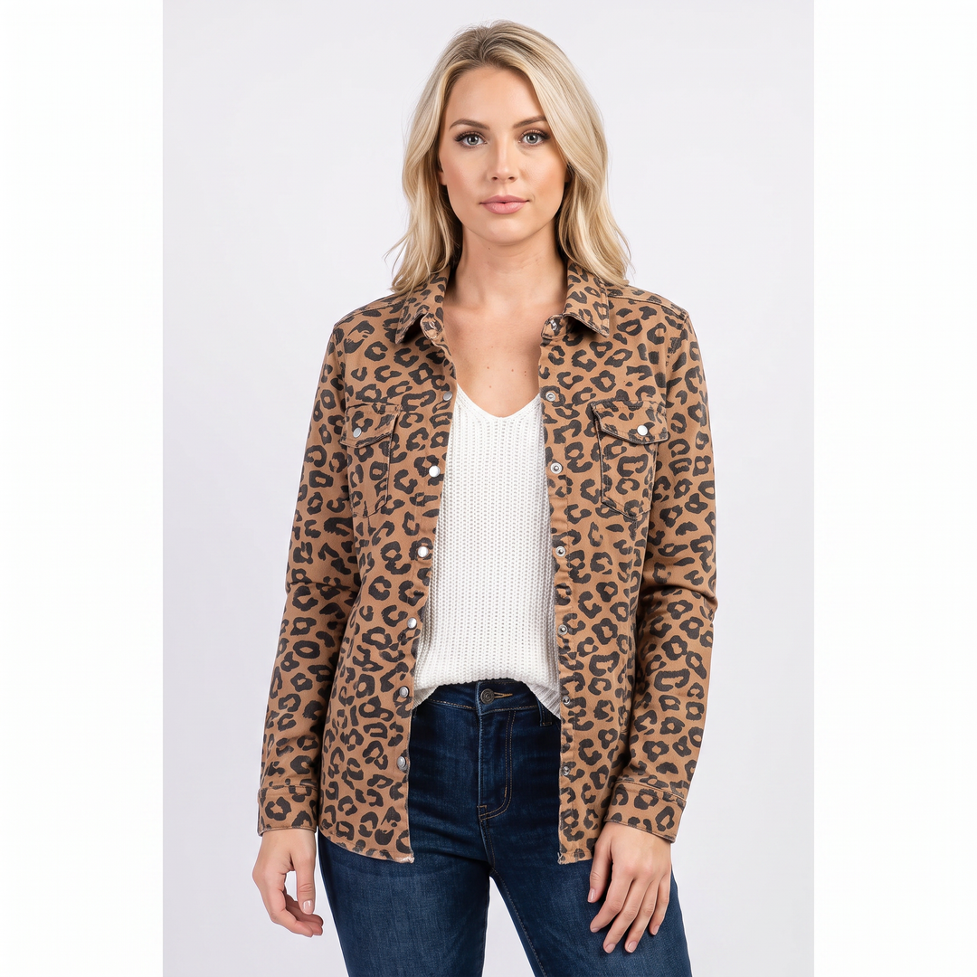 Women's Snap Button Shirt Twill Utility Long Sleeve Blouse