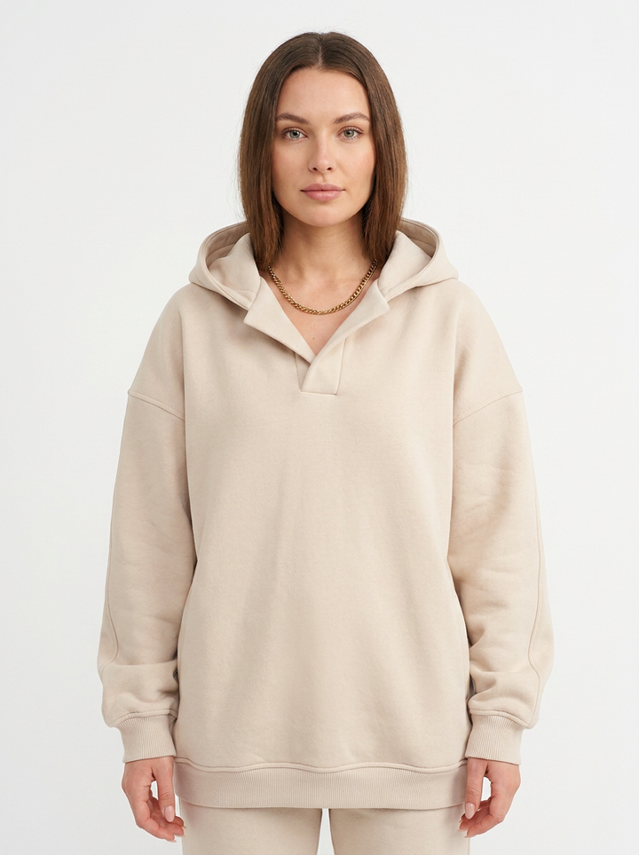 Women's Oversized Hoodie V-Neck Collar Fleece Pullover