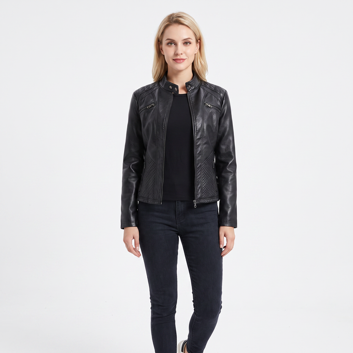 Women's Faux Leather Moto Jacket Zip-Up Stand Collar Biker Jacket