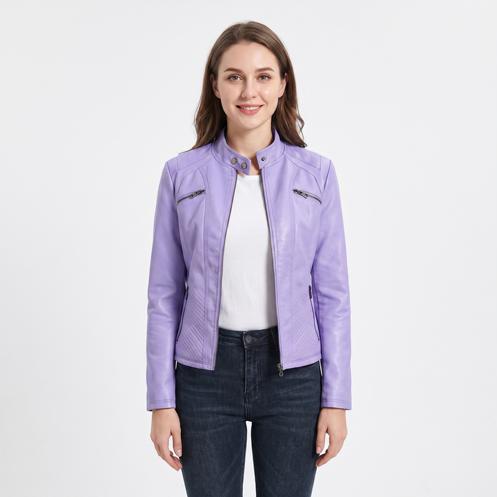 Women's Faux Leather Moto Jacket Zip-Up Stand Collar Biker Jacket