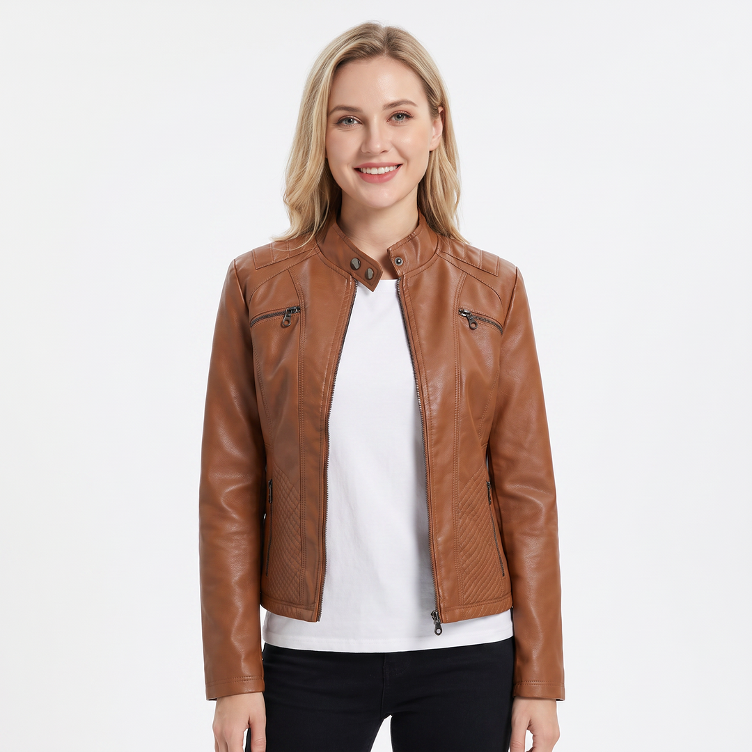 Women's Faux Leather Moto Jacket Zip-Up Stand Collar Biker Jacket