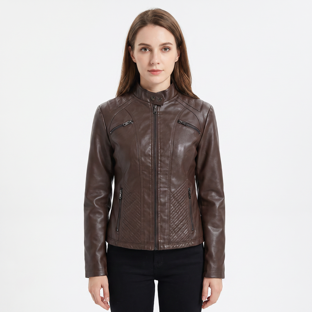 Women's Faux Leather Moto Jacket Zip-Up Stand Collar Biker Jacket