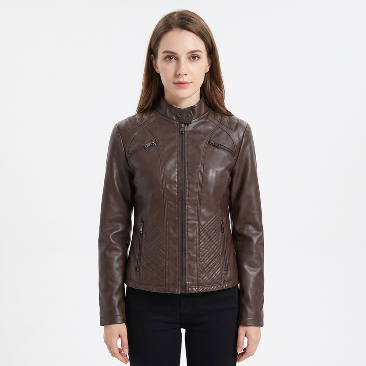 Women's Faux Leather Moto Jacket Zip-Up Stand Collar Biker Jacket