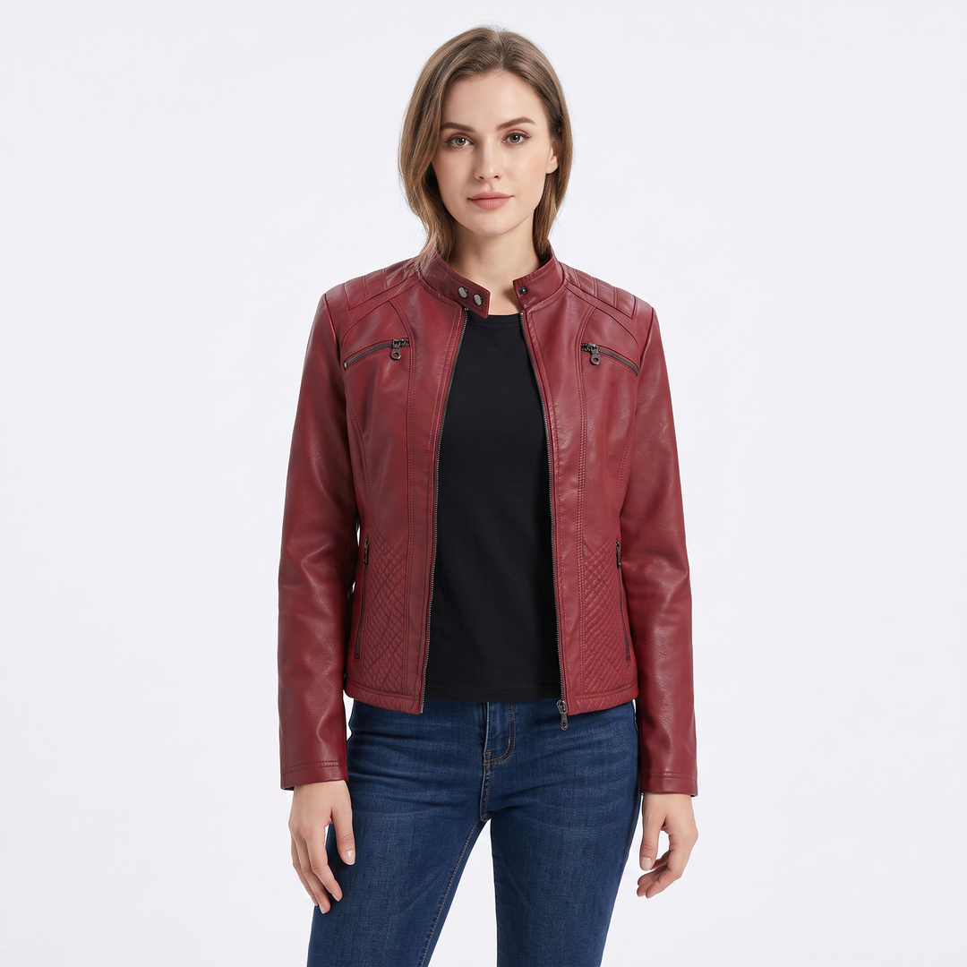 Women's Faux Leather Moto Jacket Zip-Up Stand Collar Biker Jacket