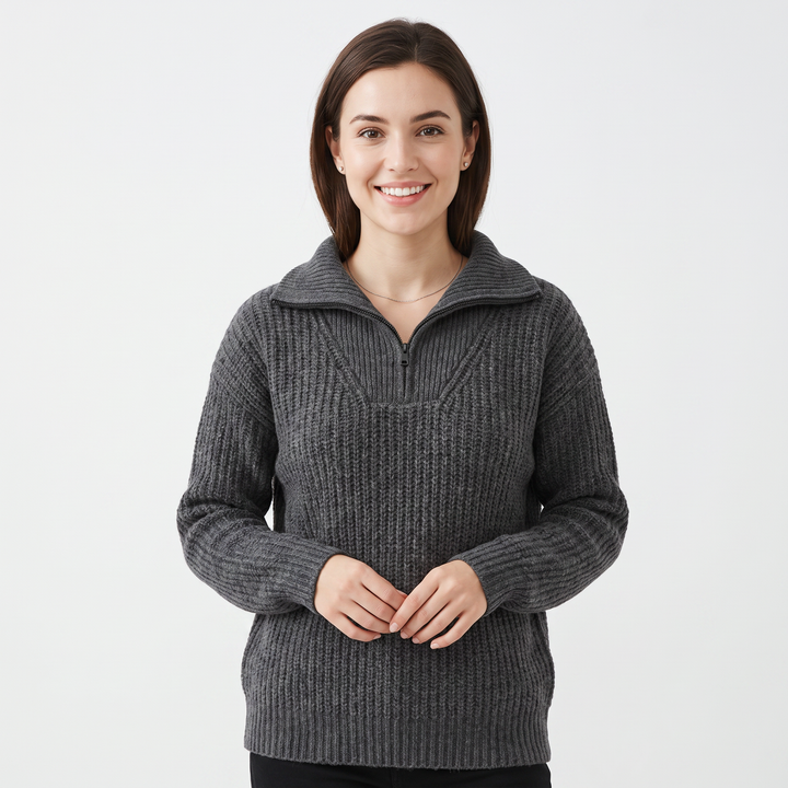 Women's Quarter Zip Sweater Ribbed Knit Collared Pullover