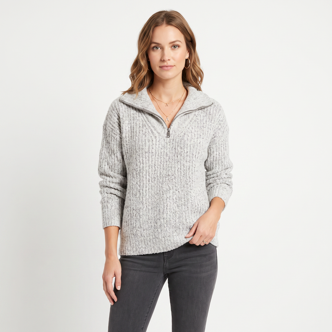 Women's Quarter Zip Sweater Ribbed Knit Collared Pullover
