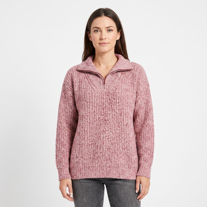 Women's Quarter Zip Sweater Ribbed Knit Collared Pullover