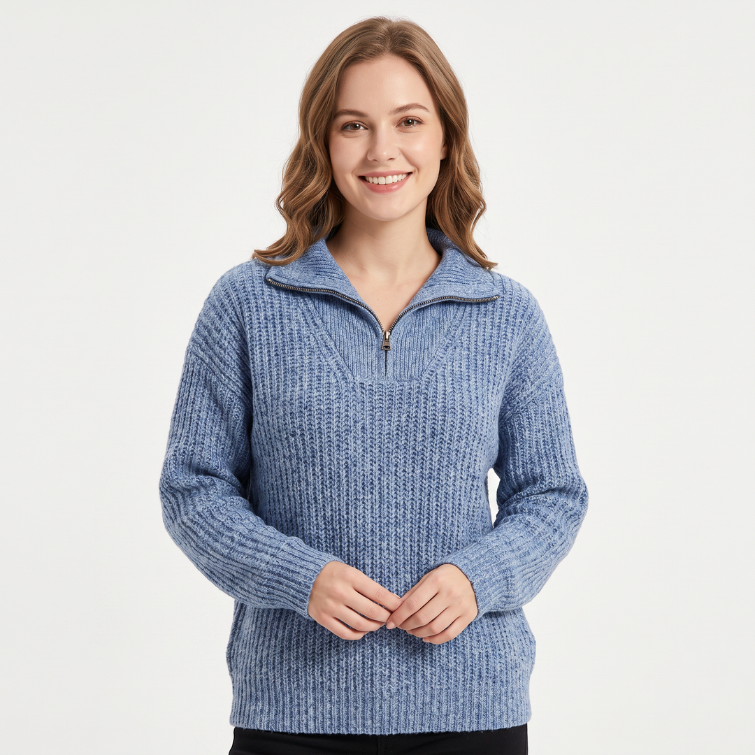 Women's Quarter Zip Sweater Ribbed Knit Collared Pullover