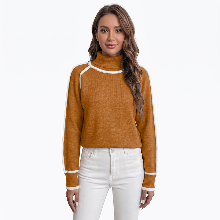 Women's Turtleneck Sweater Contrast Trim Raglan Sleeve Pullover