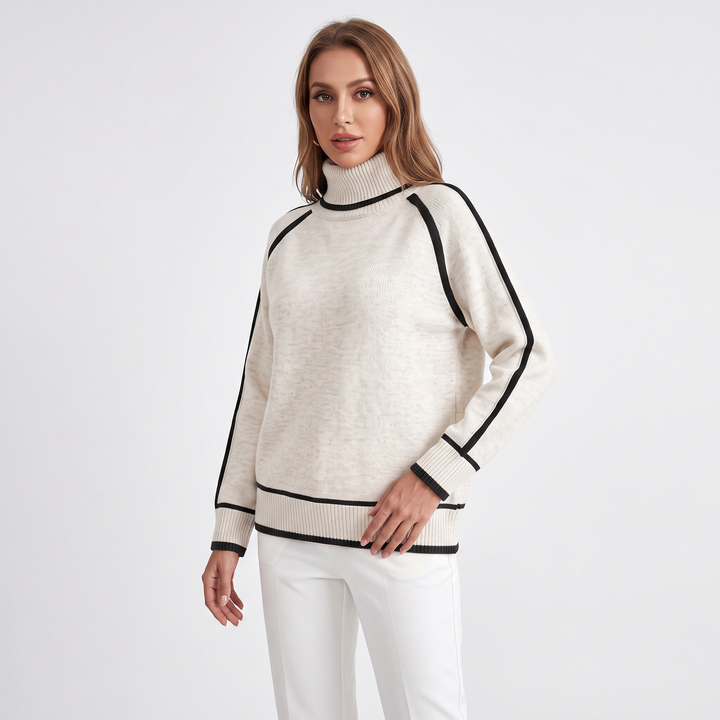 Women's Turtleneck Sweater Contrast Trim Raglan Sleeve Pullover