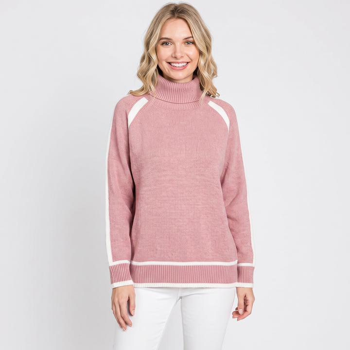 Women's Turtleneck Sweater Contrast Trim Raglan Sleeve Pullover