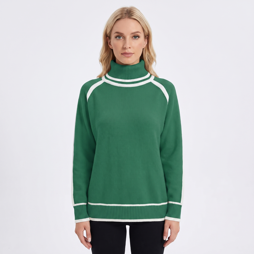 Women's Turtleneck Sweater Contrast Trim Raglan Sleeve Pullover