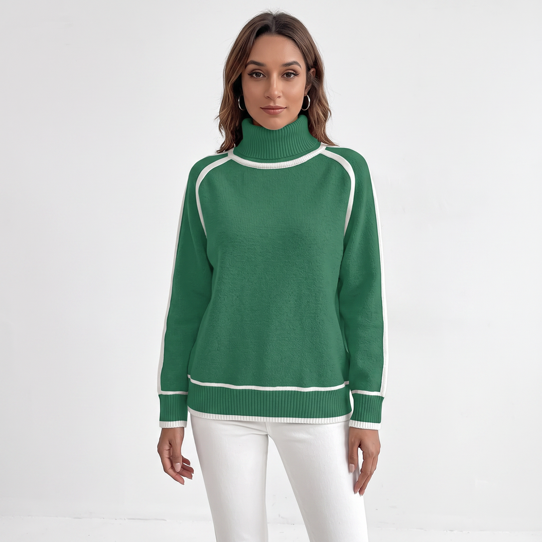 Women's Turtleneck Sweater Contrast Trim Raglan Sleeve Pullover