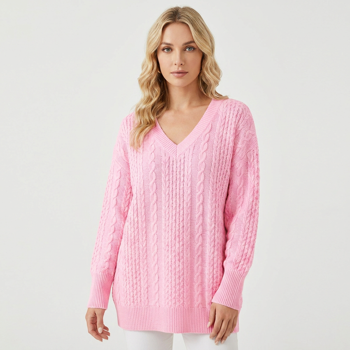 Women's Cable Knit Sweater Oversized V-Neck Long Sleeve Pullover