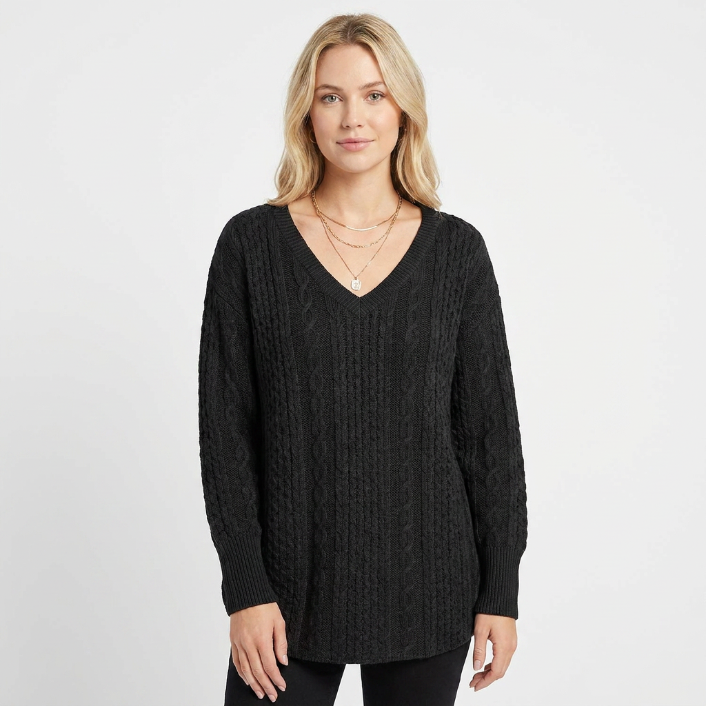 Women's Cable Knit Sweater Oversized V-Neck Long Sleeve Pullover