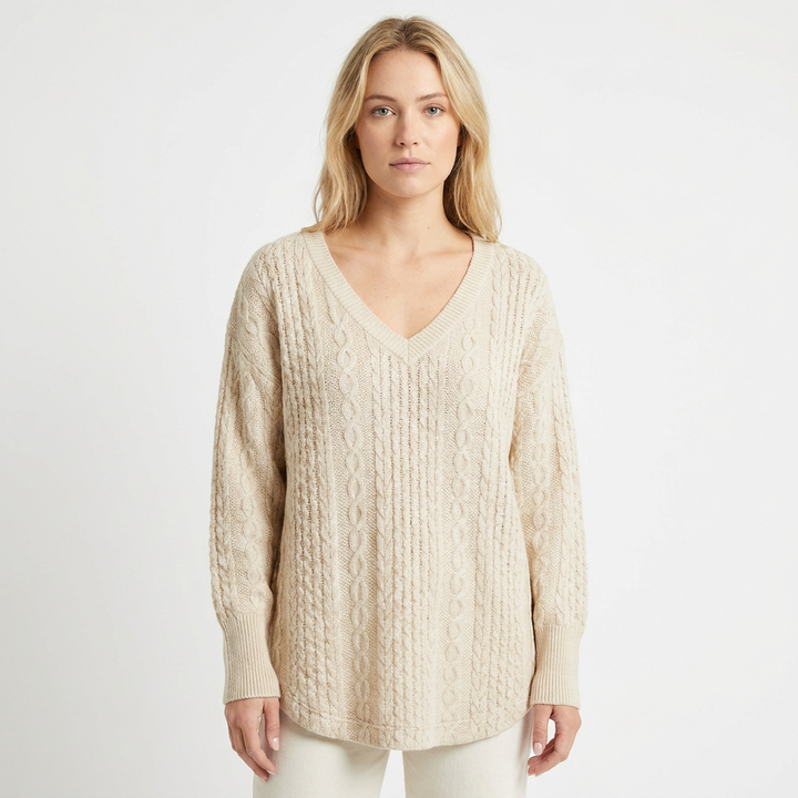Women's Cable Knit Sweater Oversized V-Neck Long Sleeve Pullover