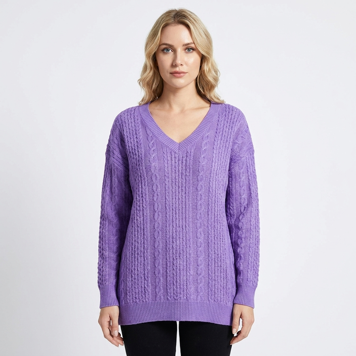Women's Cable Knit Sweater Oversized V-Neck Long Sleeve Pullover