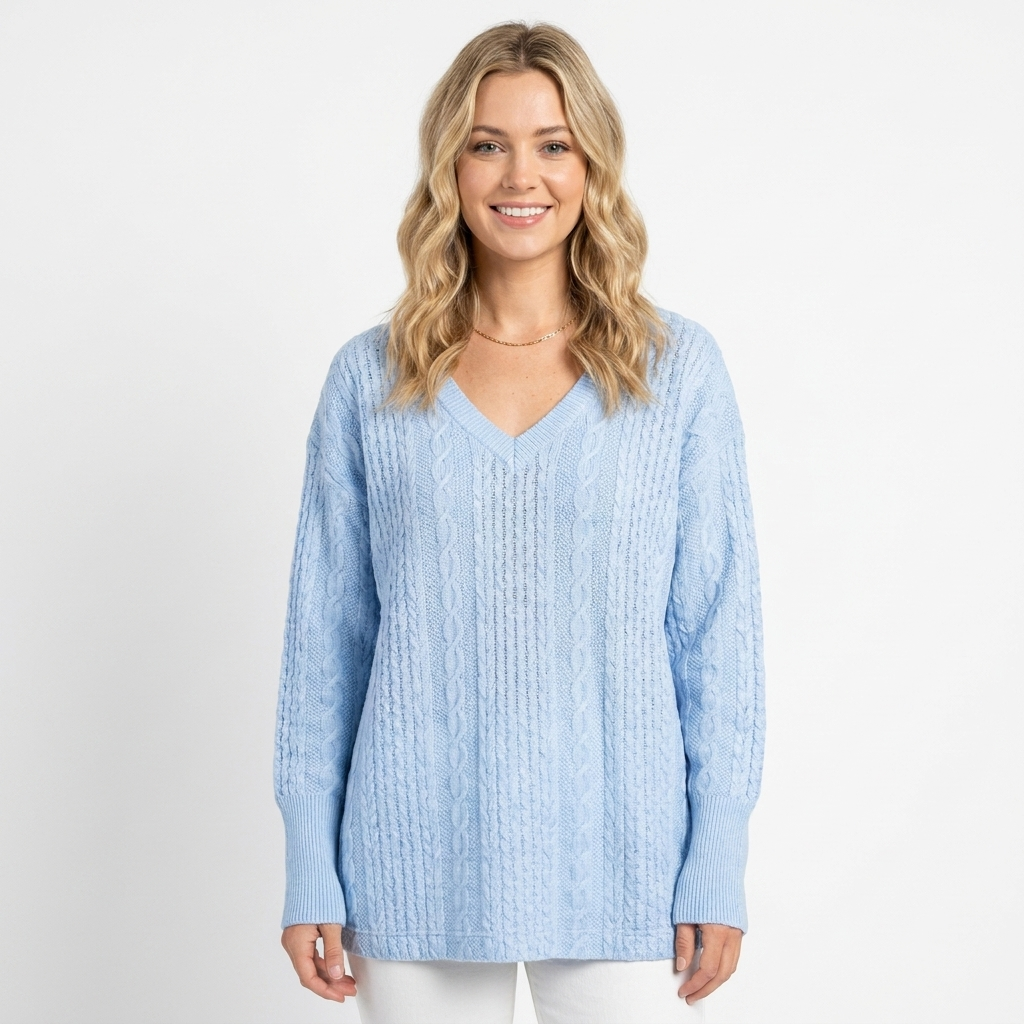 Women's Cable Knit Sweater Oversized V-Neck Long Sleeve Pullover