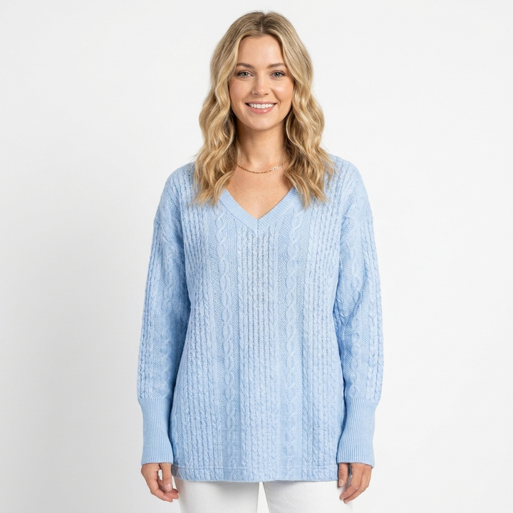 Women's Cable Knit Sweater Oversized V-Neck Long Sleeve Pullover