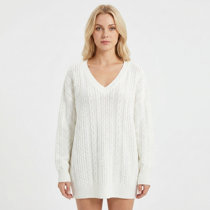 Women's Cable Knit Sweater Oversized V-Neck Long Sleeve Pullover