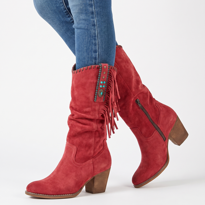 Women's Fringe Knee-High Boots Chunky Block Heel Suede Western Style