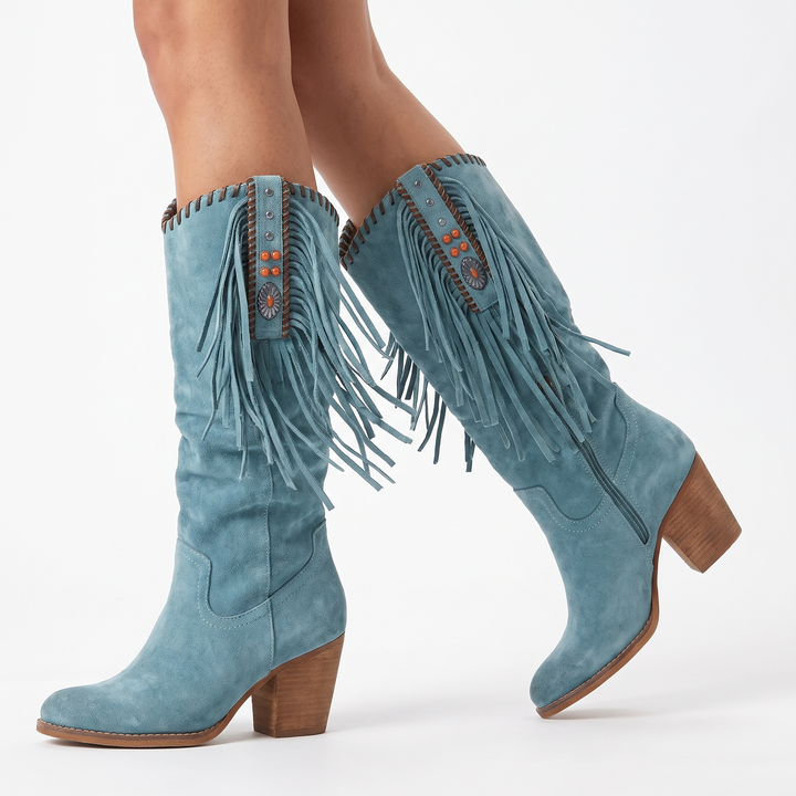 Women's Fringe Knee-High Boots Chunky Block Heel Suede Western Style