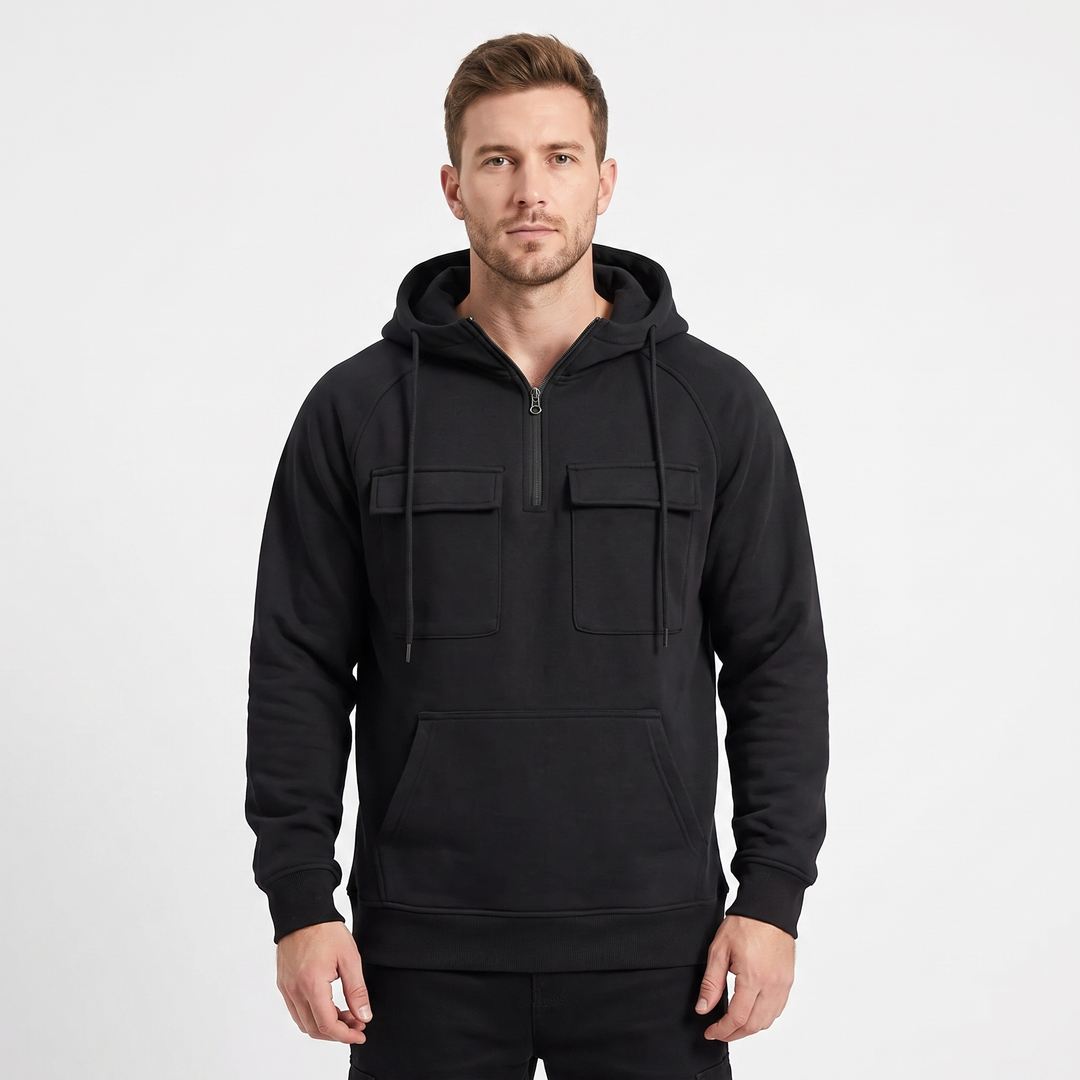 Men's Utility Hoodie Quarter-Zip Fleece Pullover Cargo Pockets