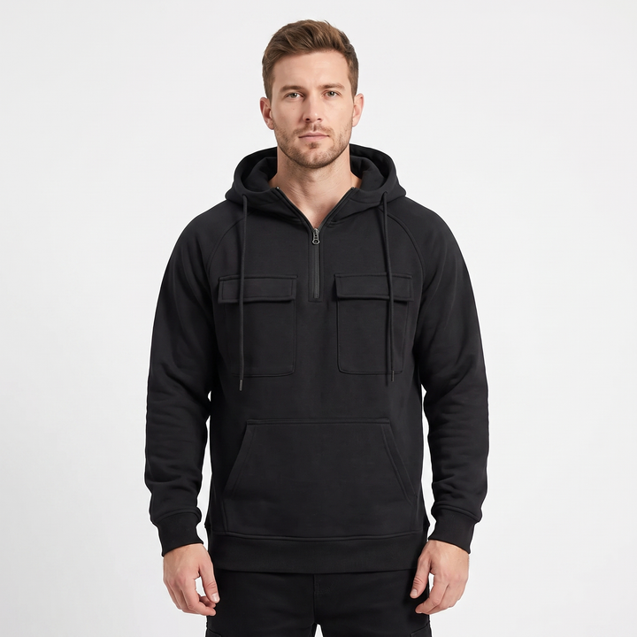 Men's Utility Hoodie Quarter-Zip Fleece Pullover Cargo Pockets