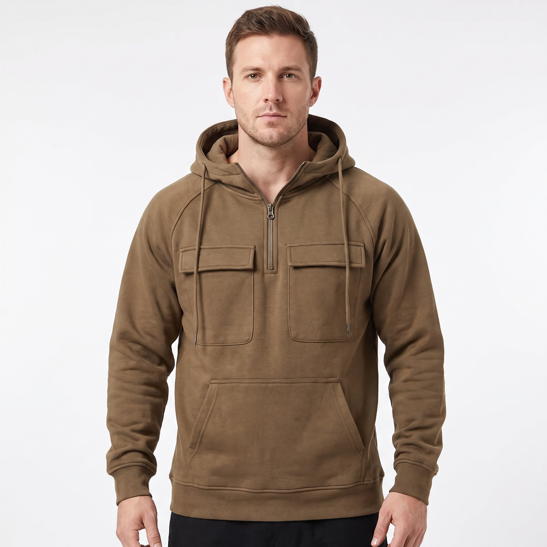 Men's Utility Hoodie Quarter-Zip Fleece Pullover Cargo Pockets