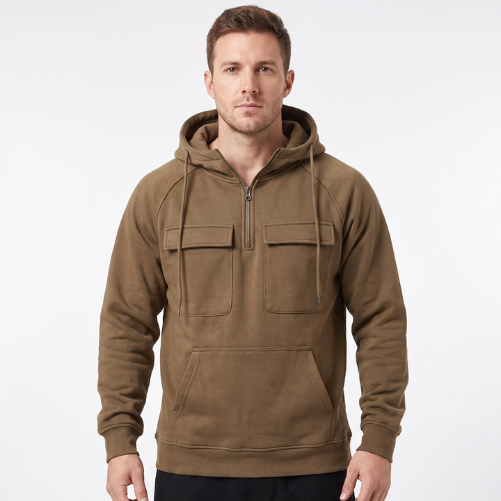 Men's Utility Hoodie Quarter-Zip Fleece Pullover Cargo Pockets