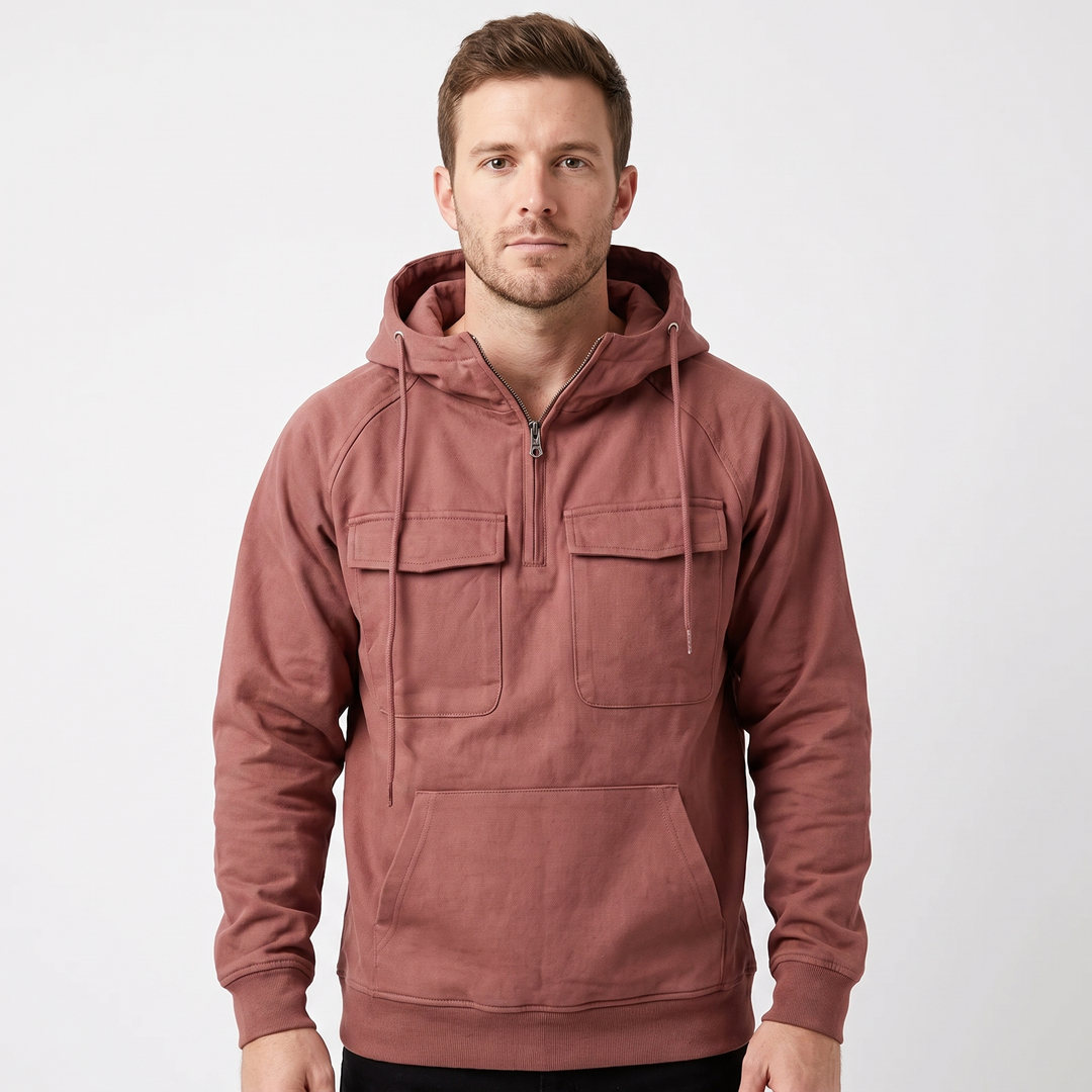 Men's Utility Hoodie Quarter-Zip Fleece Pullover Cargo Pockets