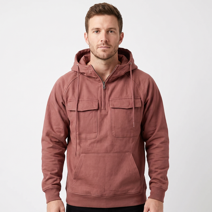 Men's Utility Hoodie Quarter-Zip Fleece Pullover Cargo Pockets