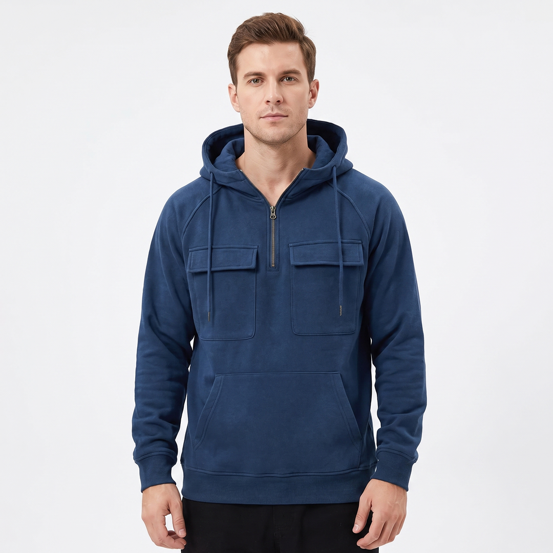 Men's Utility Hoodie Quarter-Zip Fleece Pullover Cargo Pockets