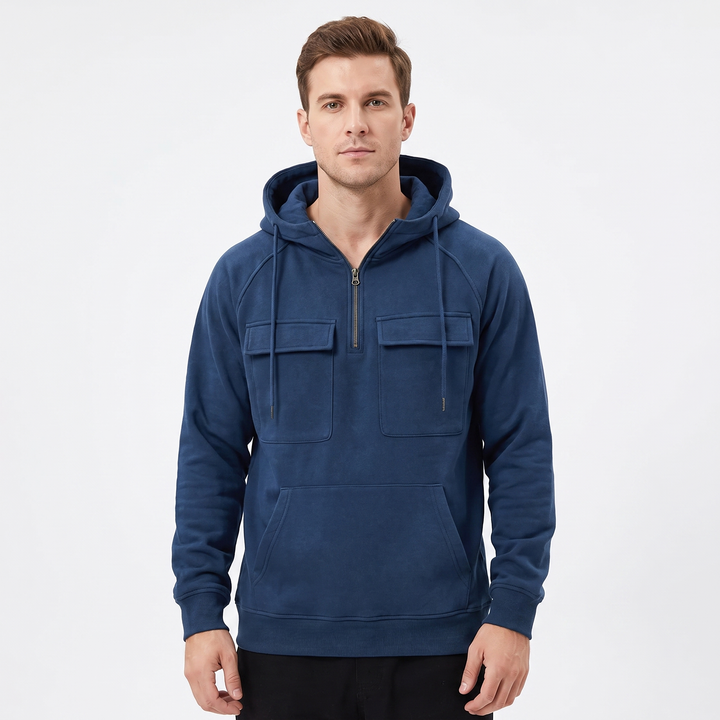Men's Utility Hoodie Quarter-Zip Fleece Pullover Cargo Pockets