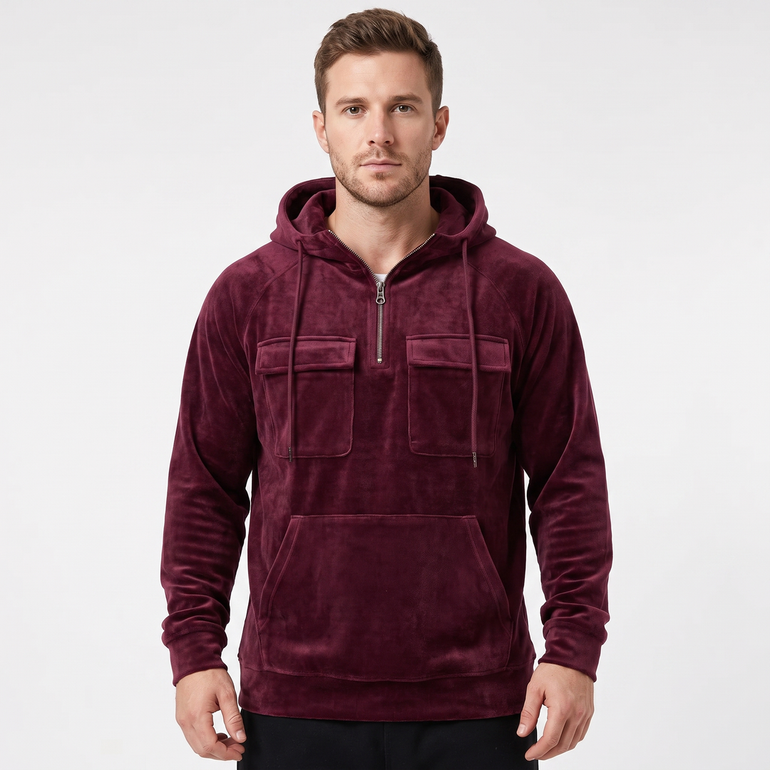 Men's Utility Hoodie Quarter-Zip Fleece Pullover Cargo Pockets