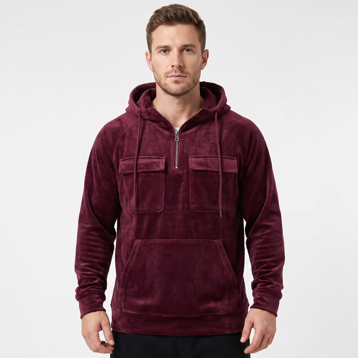 Men's Utility Hoodie Quarter-Zip Fleece Pullover Cargo Pockets